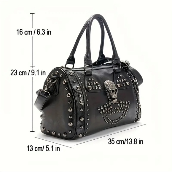 🆕 Black Punk Skull & Rivets Boston Shoulder Bag, Y2K - Steampunk Style Handbag - Picture 5 of 12